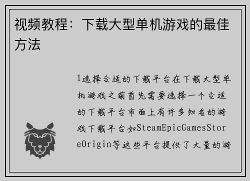 视频教程：下载大型单机游戏的最佳方法