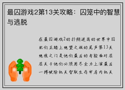 最囚游戏2第13关攻略：囚笼中的智慧与逃脱
